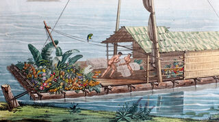 Floß auf dem Rio Guayas, Ecuador. Illustration aus: Alexander von Humboldt, Ansichten der Kordilleren und Monumente der eingeborenen Völker Amerikas, Paris 1810/13. Foto: Santiago Engelhardt