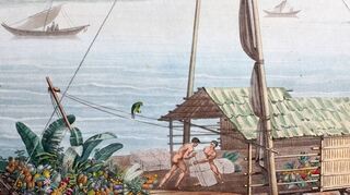 Floß auf dem Rio Guayas, Ecuador. Illustration aus: Alexander von Humboldt, Ansichten der Kordilleren und Monumente der eingeborenen Völker Amerikas, Paris 1810/13.