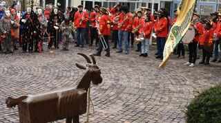 Prächtige Stimmung beim Bocknarrenschlagen am Fastnachtssonntag im Boxberger Rathaushof. Da freut sich auch Narrenbock „Fridolin“.