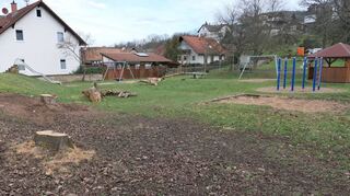 Im durch Holzstäbe markierten Bereich wird der Dorfladen neben dem Spielplatz errichtet. Letzterer soll weiterhin nutzbar und attraktiv sein.