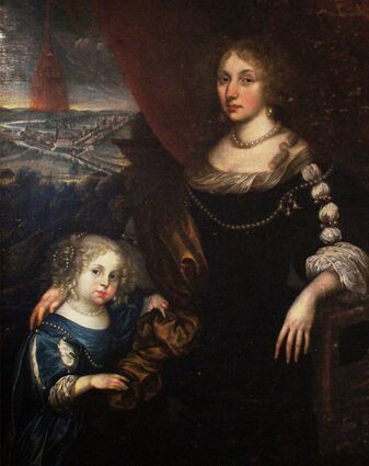 Das Gemälde eines unbekannten Malers zeigt Anna Maria von Löwenstein-Wertheim-Rochefort mit ihrer jüngsten Tochter Wilhelmina, im Hintergrund Wertheim und die brennenden Schiffe.