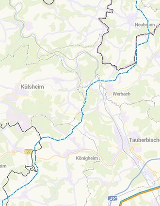 Blau gestrichelt stellen sich die geplanten Trassen von Nord-West-Link und Süd-West-Link dar, die nordöstlich von Wenkheim in den Main-Tauber-Kreis eintreten und ihn südwestlich von Pülfringen Richtung Bretzingen wieder verlassen.