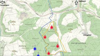 Rot eingezeichnet die künftigen Windräder im Gebiet der Kurstadt; blau die bestehenden auf Boxberger Gemarkung.