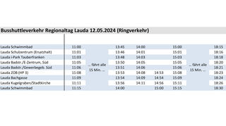 Viele Parkplätze für Besucher des Regionaltages gibt es am Schulzentrum (Becksteiner Straße 80), am Freibad (Badstraße 49) und im Gewerbegebiet i–Park (Adresse: i-Park Tauberfranken 1). Ein Bus mit diesem Fahrplan bringt die Besucher von dort in die Innenstadt und wieder zurück.