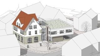 So könnte das neue Rathaus in Assamstadt aussehen. Das bisherige Gebäude wird abgerissen und ein Neubau etwas weiter versetzt nach hinten errichtet, historisierend und mit einem zweiten Baukörper in Kubus-Bauweise