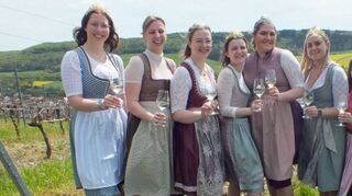 In schönster Frühlingslandschaft oben am Mandelberg stießen Weinhoheiten aus den Umlandgemeinden auf das Gelingen des Jubiläumsweinfestes an (von links): Antonia aus Tauberrettersheim, Anne aus Röttingen Annabelle aus Külsheim, Katharina aus