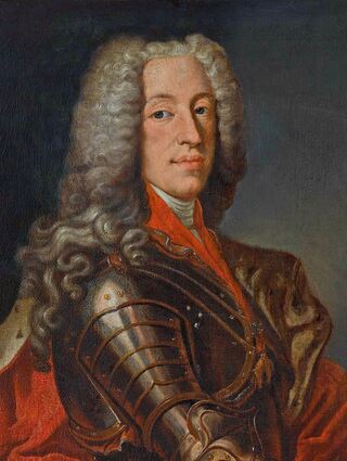 Die Verhandlungspartner: Links Kurfürst Karl Albrecht von Bayern (1697-1745), rechts Bildnis von Kurfürst Carl Philipp von der Pfalz (1661-1742) von Pierre Gaudréau, in Mannheim um 1730 entstanden. Beide haben die Hausunion verabredet.