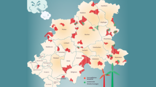 Diese Grafik zeigt die bestehenden Windkraftanlagen im Neckar-Odenwald-Kreis sowie die Vorrangflächen, die bereitgestellt werden sollen. Die Kommunen und der Landkreis wollen sich gegen die überproportionale Ausweisung der Gebiete wehren.