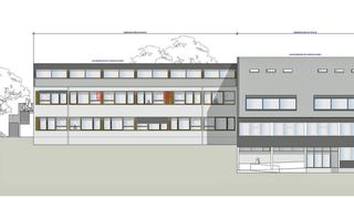 Die Plan-Ansicht von Süden zeigt den neuen Bereich links mit einem hell dargestellten Wärmedämmverbundsystem. Rechts ist der Bestand zu sehen (dunkel dargestellte Eternitverkleidung).