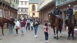 Die Polizei war beim „Volksfest“ des als rechtsextremistisch eingestuften Magazins „Compact“ auf dem Wertheimer Marktplatz mit einem Großaufgebot – inklusive Reiterstaffel – vertreten.