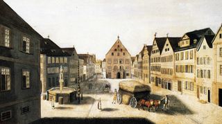 Im Jahr 1820, also vor über 200 Jahren, entstand diese Zeichnung vom Mergentheimer Marktplatz, die deutlich macht, dass sich, abgesehen vom Brunnenstandort, gar nicht so viel verändert hat.