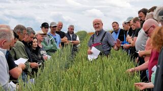 Gerhard Risser, landwirtschaftlicher Sachverständiger, bespricht mit den Landwirten neue Weizensorten – Gelegenheit zum Austausch von Erfahrungen.