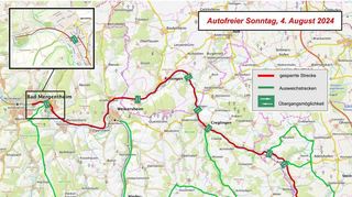 Der „Autofreie Sonntag“ findet in diesem Jahr im südlichen Taubertal statt: Die Karte zeigt die für den motorisierten Verkehr gesperrte Taubertalstraße mit den Umfahrungs- und Querungsmöglichkeiten in der Übersicht.