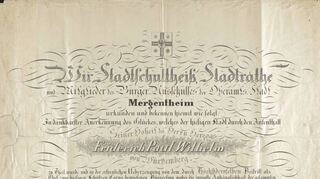Die kunstvoll geschriebene Ehrenbürgerurkunde für „Friderich Paul Wilhelm“.
