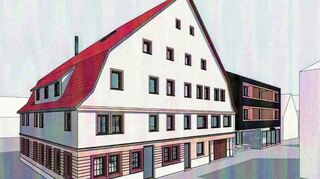 So könnte der „Hirschen“ bald aussehen: Fridolin und Doris Hügel wollen die Gebäude (mit Neubau rechts) im Erdgeschoss verbinden.