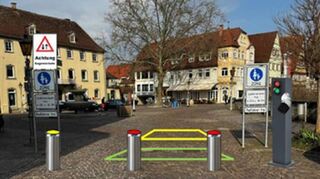 Poller werden am Deutschordenplatz eingebaut.