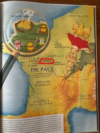 In der ersten Ausgabe von Christian Habekosts pfälzischem Asterix-Band "Der Palatinor" fehlte ausgerechnet Chakos Geburtsstadt. In der zweiten und dritten Auflage wurde Monnem nun ergänzt, genau wie Lopodunum (Ladenburg).