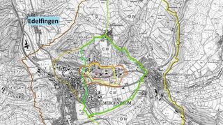 Das Heilquellenschutzgebiet rund um Bad Mergentheim: im Zentrum ist der Kurpark mit den Heilquellen.