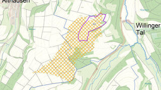 Die Grafik zeigt das Areal auf der Höhe zwischen Neunkirchen, Althausen und Stuppach. Dort sollen mindestens vier Windkraftanlagen der EnBW entstehen. Das lila markierte Gebiet gehört der Stadt und könnte eine fünfte Anlage aufnehmen.