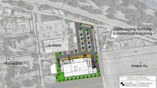 Der neue Edeka-Markt schließt sich in der Igersheimer Straße an das bestehende Lidl-Markt-Areal an. Für den Lidl gibt es allerdings Pläne ihn auch neu zu bauen und um 90 Grad zu drehen, hin zum Fuß- und Radweg am Rande des Weberdorfes.