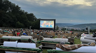 Das Weidenkino am Wildpark: Blick auf die große Leinwand und hinunter auf die Dächer von Bad Mergentheim.