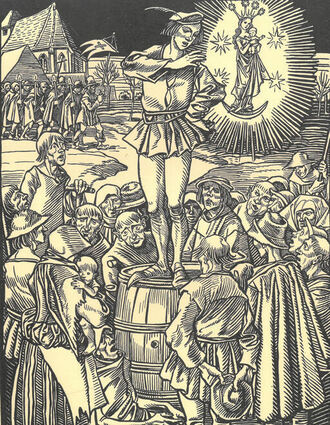 Fantasiebild des „Pfeiferhänsleins“ aus dem „Fränkischen Heimatkalender 1925“ (Monatsseite Januar), herausgegeben vom Kalendermann Hans Anton Sack.