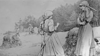 Eine Ernte-Szene in Mondfeld im Jahr 1914, festgehalten von August Futterer in einer Federzeichnung. Dargestellt sind Lina Hildenbrand (Mitte) und ihre neun Jahre ältere Schwester Franziska (rechts). Futterer hat Personen stets sehr naturgetreu gemalt. Also wird er entsprechend auch bei Lina Hildenbrand verfahren sein.