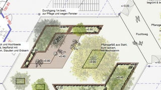 Der Plan zeigt die großen umpflanzten Holzdecks und ein riesiges Beet, das angehügelt und mit Gehölzen, Gräsern und Stauden bepflanzt wird.