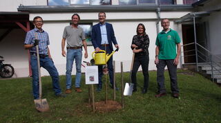 Ein Wenkheimer roter Scheunenapfel wurde direkt neben der Halle von (von links) Philipp Bopp, Fachwart Tobias Hornung, Bürgermeister Georg Wyrwoll, die Geschäftsführerin des LOGV, Eva Grubmiller und Wendelin Bopp gepflanzt.