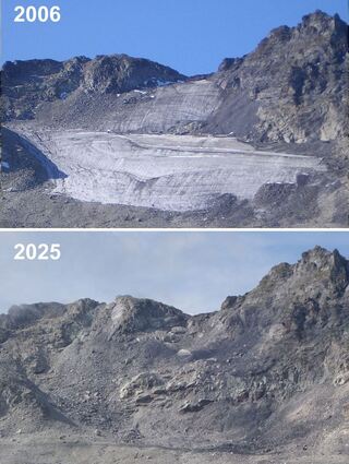 Der Pizolgletscher im Kanton St. Gallen ist zwischen 2006 und 2025 stark geschrumpft.(Kombo)