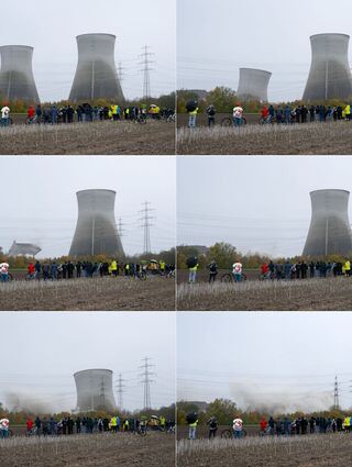 Bildkombo der Kühlturm-Sprengung in Gundremmingen.