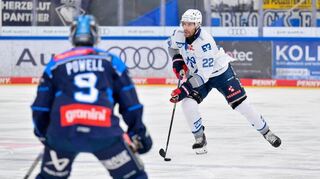Matthias Plachta (Nr.22 Adler Mannheim) und Myles Powell (Nr.9 ERC Ingolstadt) beim Spiel.
