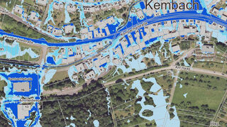 Potenzielle Überflutungsflächen auf der Starkregengefahrenkarte in Kembach.