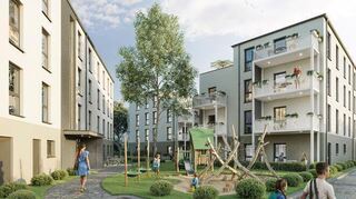Die Visualisierung zeigt den Blick auf die geplante Quartiersmitte des Projekts „LISA“, mit dem im Auenland III in Bad Mergentheim 39 sozial geförderte Mietwohnungen in drei Gebäude-Körpern entstehen.