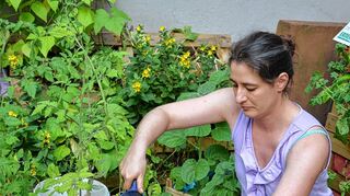 <p>Renaissance des Selbermachens: Stadtindianerin Cornelia Uhlig inmitten des Gartens im Innenhof des Würzburger Jugendkulturhauses Cairo.</p>