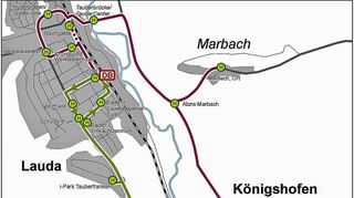<p>Karte mit der neuen Buslinie 945 zwischen Lauda, Königshofen und Marbach sowie mit den zukünftigen Haltestellen. Die neuen Haltestellen werden ab Fahrplanwechsel 15. Dezember angefahren.</p>