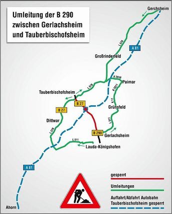 <p>Die B 290 zwischen Tauberbischofsheim und Gerlachsheim wird wegen der Erneuerung der Fahrbahndecke und Ummarkierungsarbeiten ab Montag halbseitig gesperrt. Eine Vollsperrung erfolgt ab 17. November.</p>